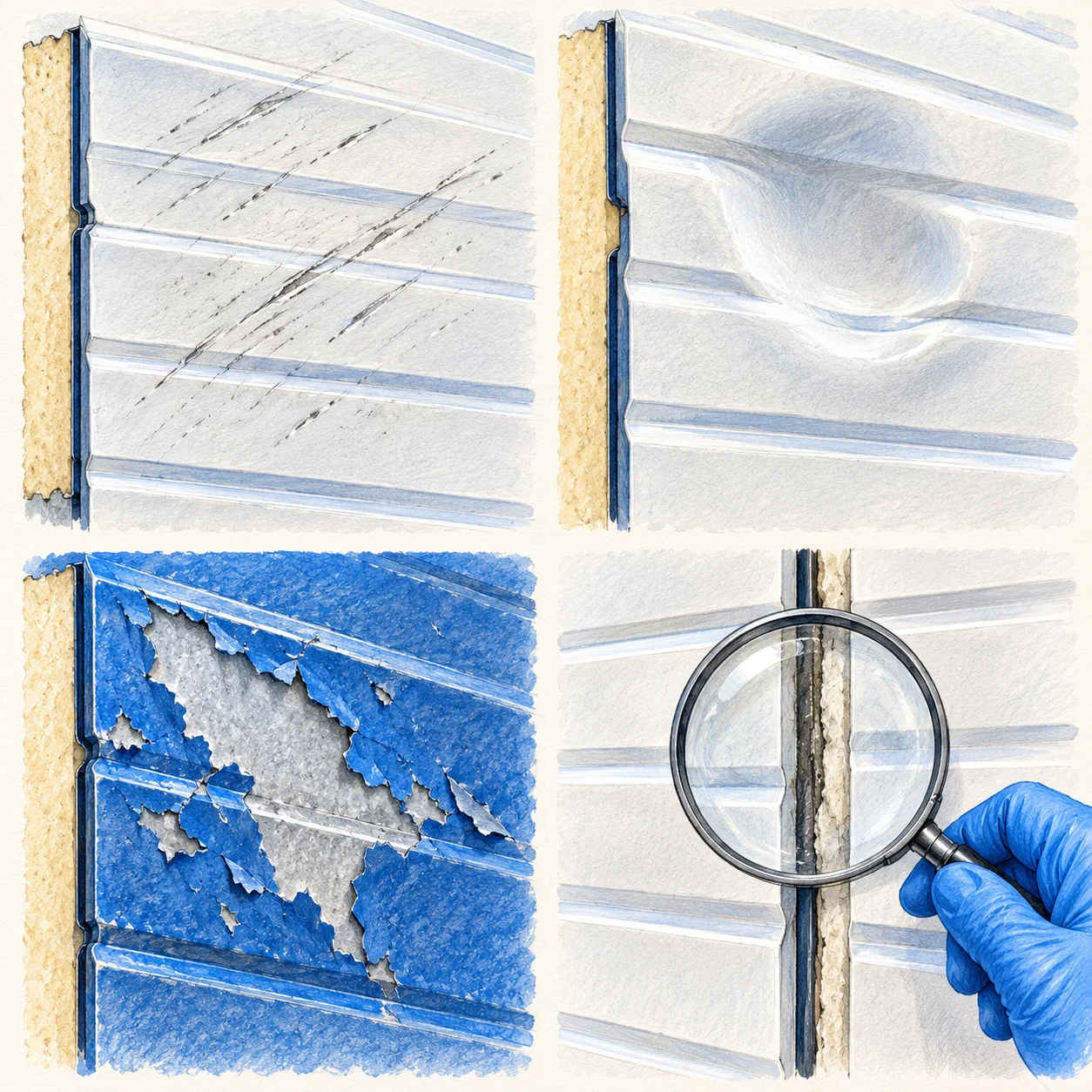 Illustrated examples of a scratch, a dent, coating damage and an inspection of a panel joint.