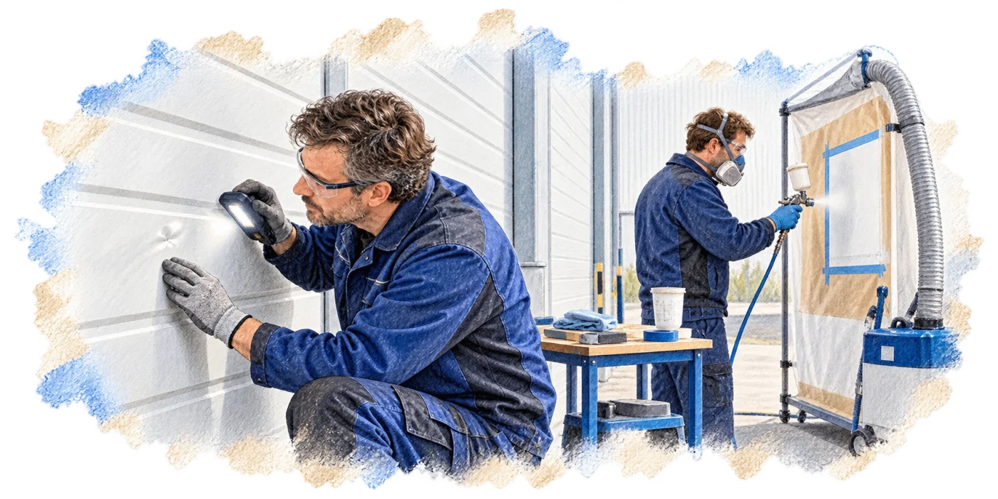 An illustration of technicians assessing the surface of a sandwich panel.